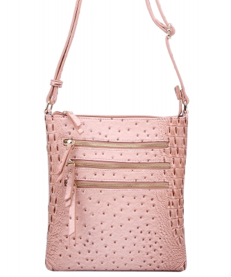 Ostrich Croc Multi Zipper Crossbody Bag OS093 ROSEPINK